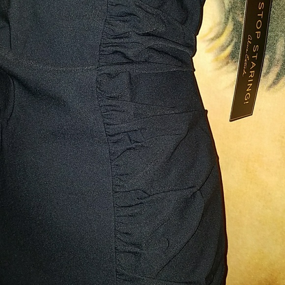 Stop Staring Newport Vintage 1950's Navy Blue Pinup Pencil Dress w Big Tan Bow - Picture 7 of 8